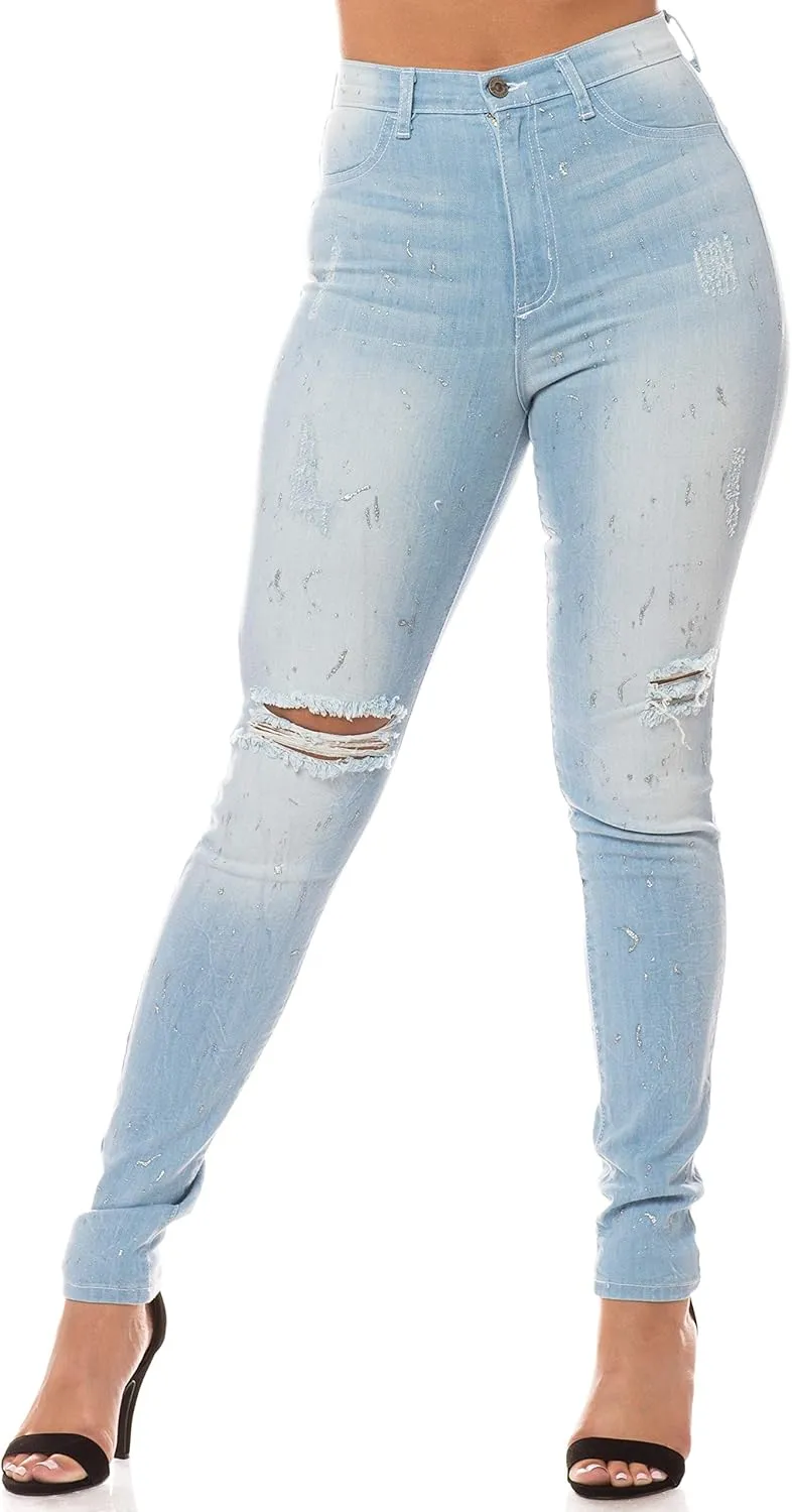 Aphrodite Washed Skinny Jeans for Women - High Waisted Printed Painted Embellished Stretch Skinny Fit Slim Denim Pants