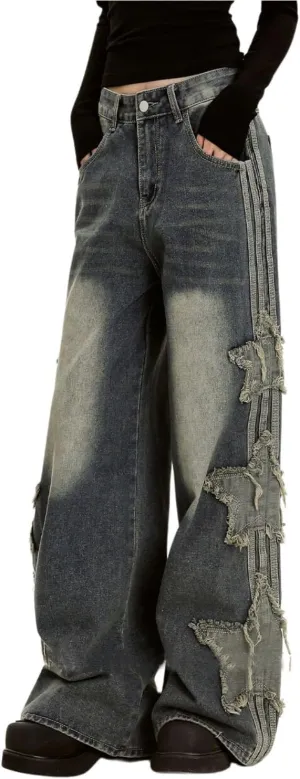Baggy Jeans for Woman Girls Star Patchwork High Waist Cute Jeans Y2K Streetwear Loose Pants Grunge Emo Clothing