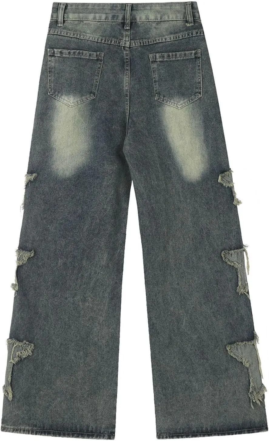 Baggy Jeans for Woman Girls Star Patchwork High Waist Cute Jeans Y2K Streetwear Loose Pants Grunge Emo Clothing