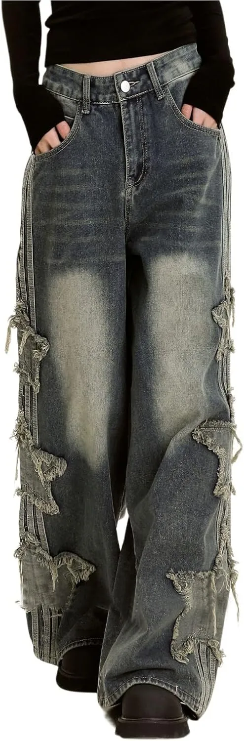 Baggy Jeans for Woman Girls Star Patchwork High Waist Cute Jeans Y2K Streetwear Loose Pants Grunge Emo Clothing