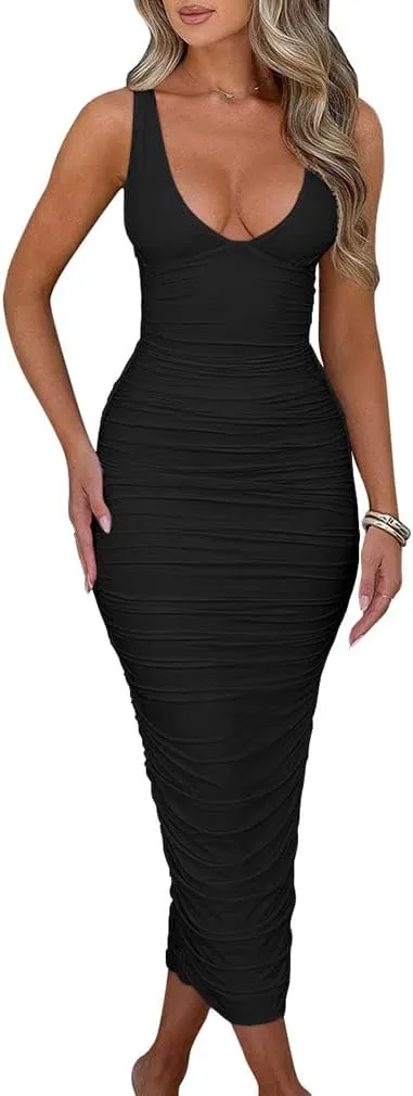 BEAGIMEG Women's Sexy Ruched Sleeveless Deep V Elegant Cocktail Evening Party Maxi Dress