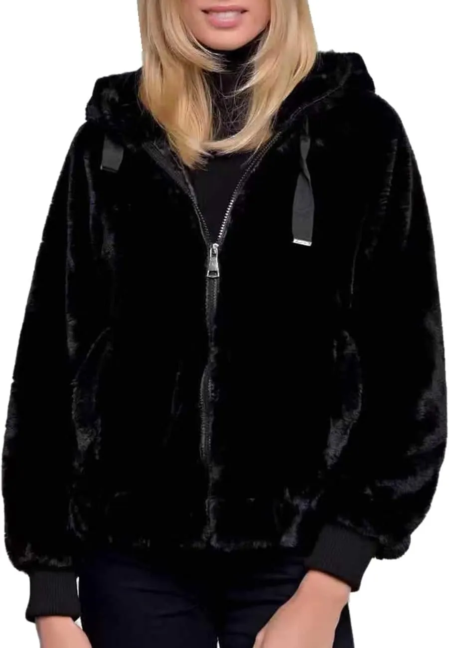 Bellivera Women's Faux Fur Coat Shearling Fluffy Fuzzy Shaggy Hood Sherpa-Lined Fleece Jacket