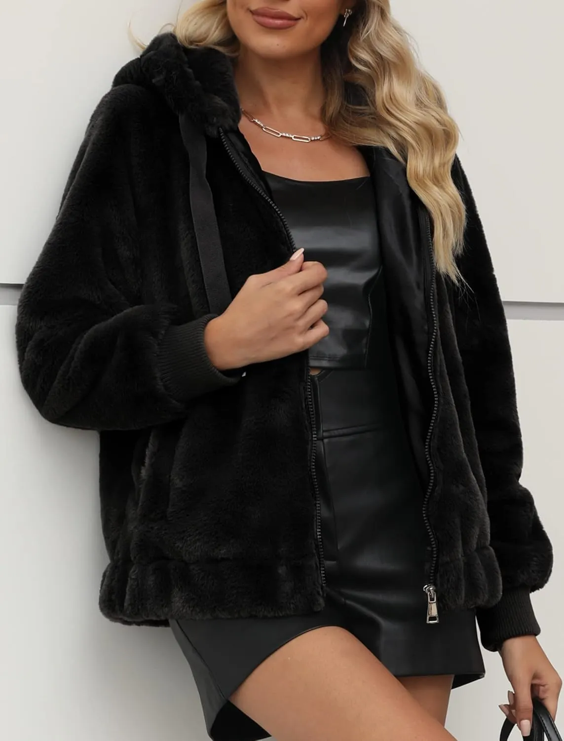 Bellivera Women's Faux Fur Coat Shearling Fluffy Fuzzy Shaggy Hood Sherpa-Lined Fleece Jacket