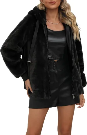Bellivera Women's Faux Fur Coat Shearling Fluffy Fuzzy Shaggy Hood Sherpa-Lined Fleece Jacket