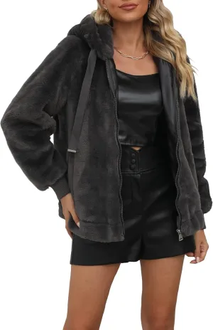 Bellivera Women's Faux Fur Coat Shearling Fluffy Fuzzy Shaggy Hood Sherpa-Lined Fleece Jacket