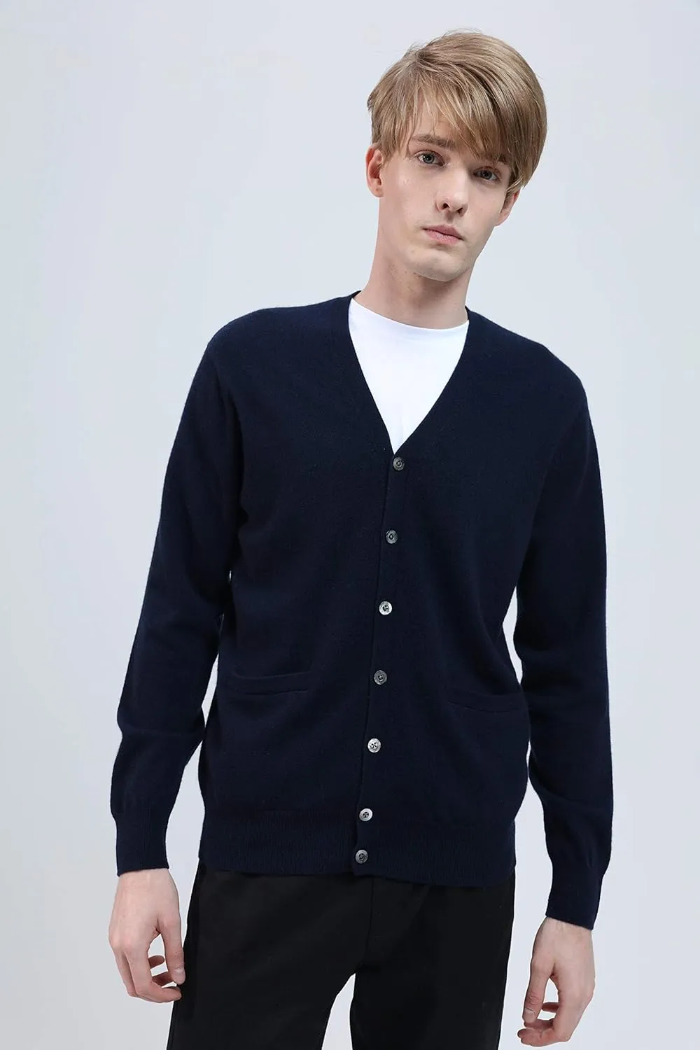 BEYOND FASHION Men's 100% Pure Cashmere Cardigan Sweater V Neck Button Front