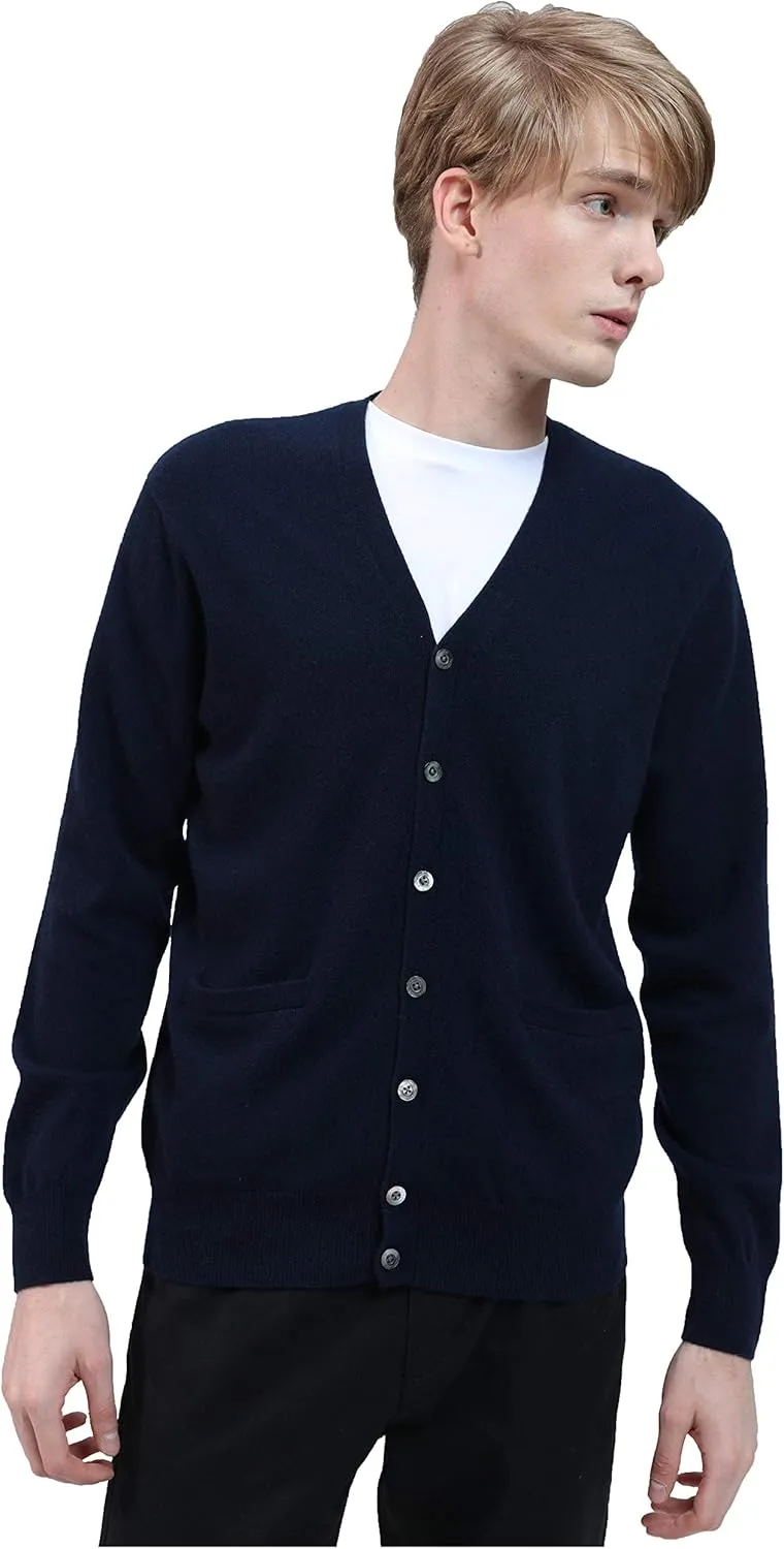 BEYOND FASHION Men's 100% Pure Cashmere Cardigan Sweater V Neck Button Front