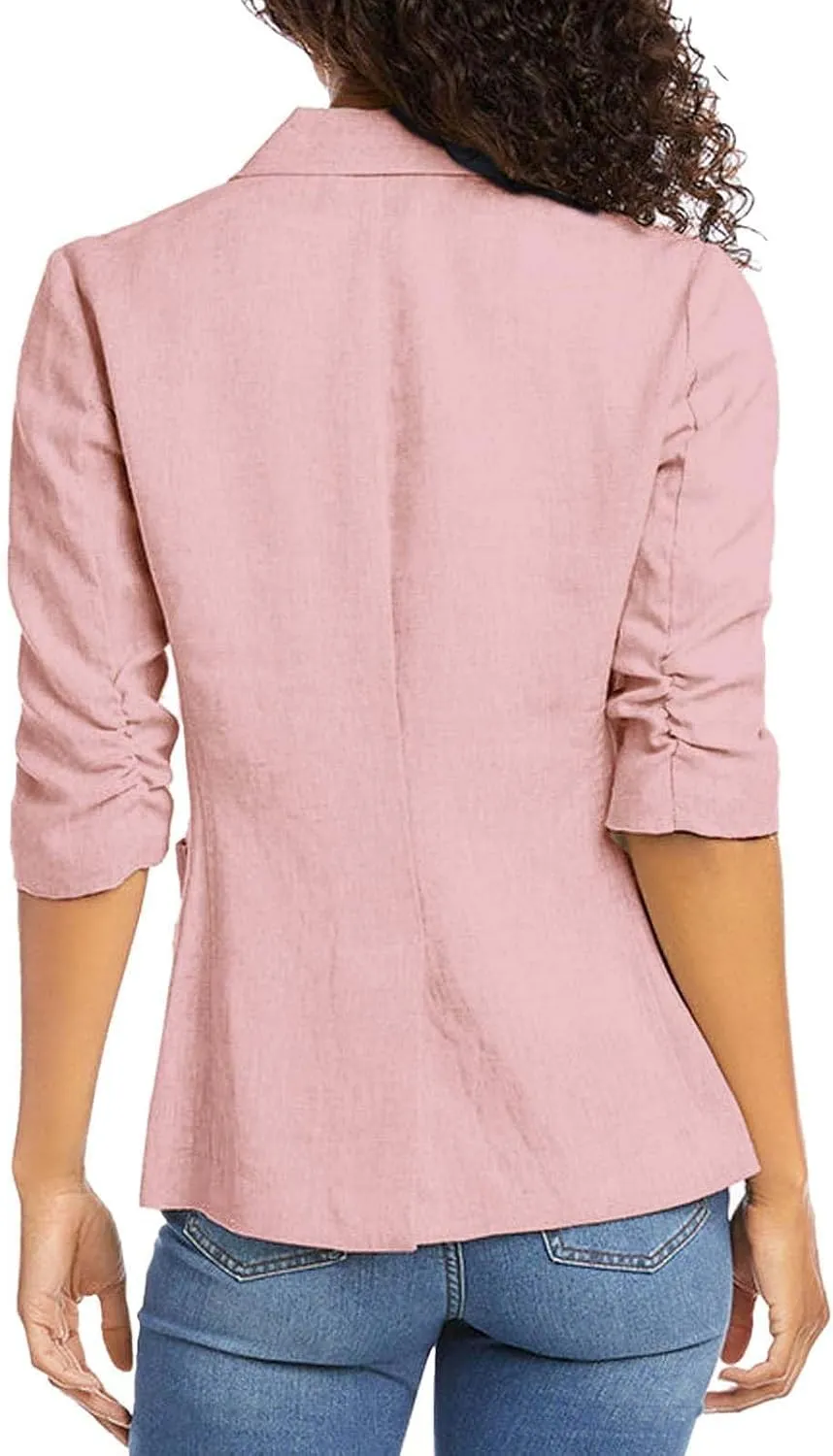 Binmer 2024 Fall Linen Blazer for Women 3/4 Stretchy Ruched Sleeve Suit Jacket Dressy Casual Lightweight Business Work Outfit