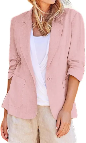 Binmer 2024 Fall Linen Blazer for Women 3/4 Stretchy Ruched Sleeve Suit Jacket Dressy Casual Lightweight Business Work Outfit