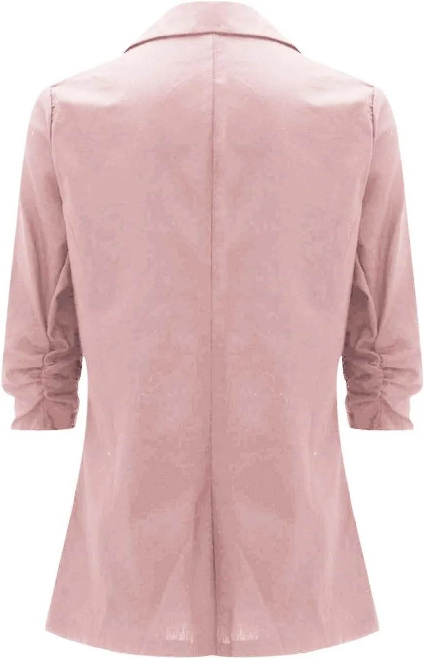 Binmer 2024 Fall Linen Blazer for Women 3/4 Stretchy Ruched Sleeve Suit Jacket Dressy Casual Lightweight Business Work Outfit