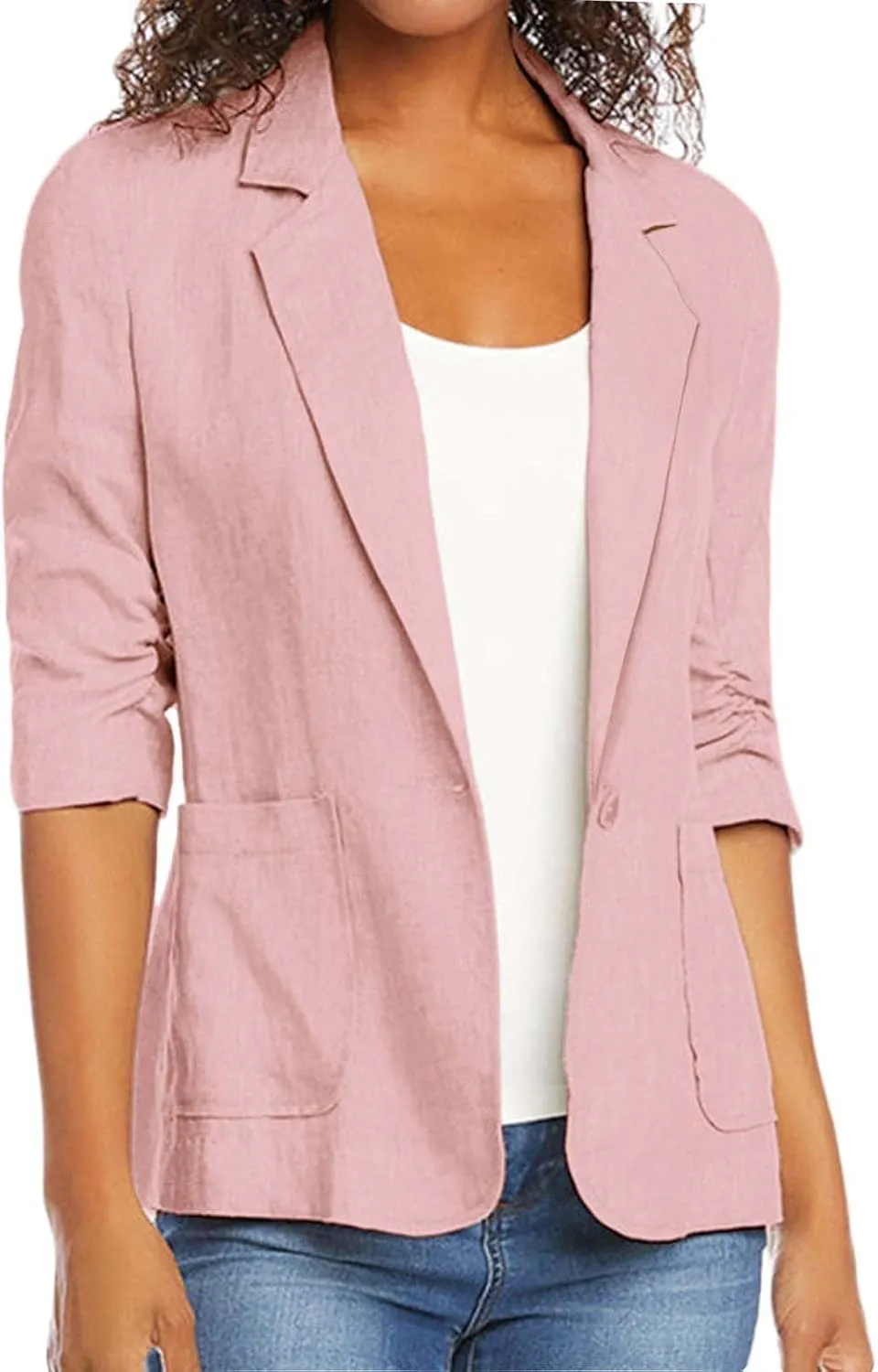 Binmer 2024 Fall Linen Blazer for Women 3/4 Stretchy Ruched Sleeve Suit Jacket Dressy Casual Lightweight Business Work Outfit