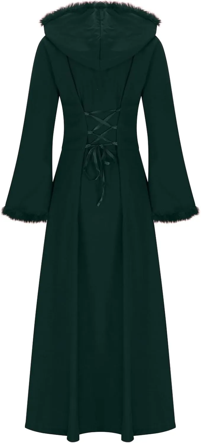 Binmer Winter Coat for Women Vintage Faux Fur Hooded Velvet Maxi Coat Button Down Longline Velour Overcoat Outwear W/Pocket