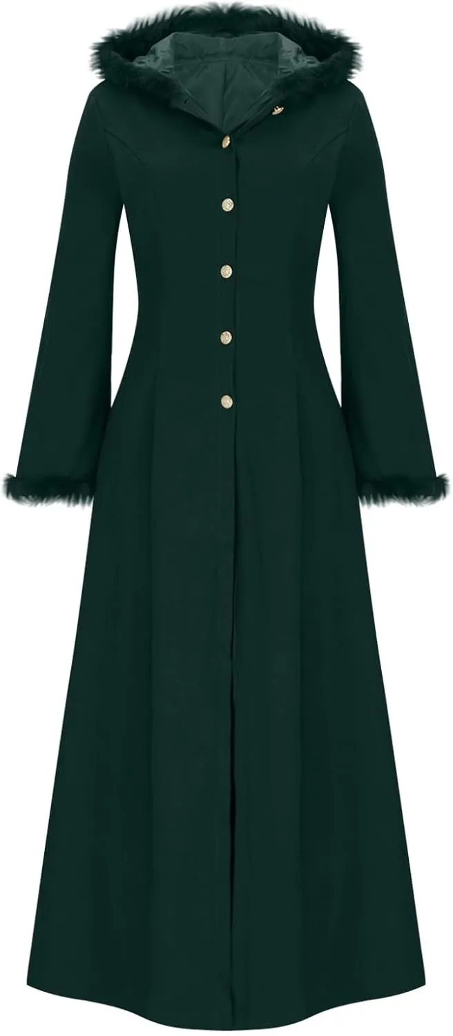 Binmer Winter Coat for Women Vintage Faux Fur Hooded Velvet Maxi Coat Button Down Longline Velour Overcoat Outwear W/Pocket