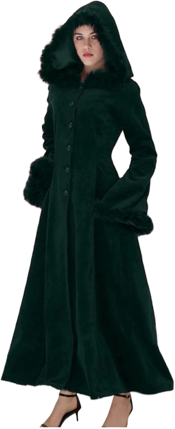 Binmer Winter Coat for Women Vintage Faux Fur Hooded Velvet Maxi Coat Button Down Longline Velour Overcoat Outwear W/Pocket