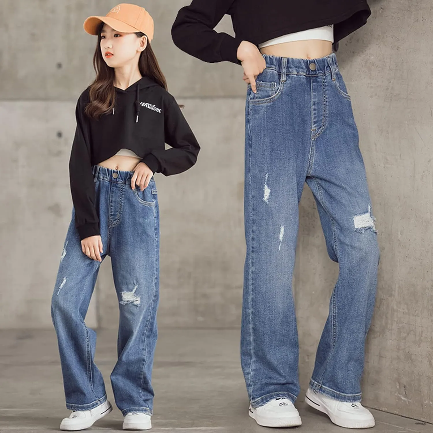 birbyrrly Girls Wide Leg Jeans Kids Baggy Elastic Waist Casual Denim Pants with Pockets