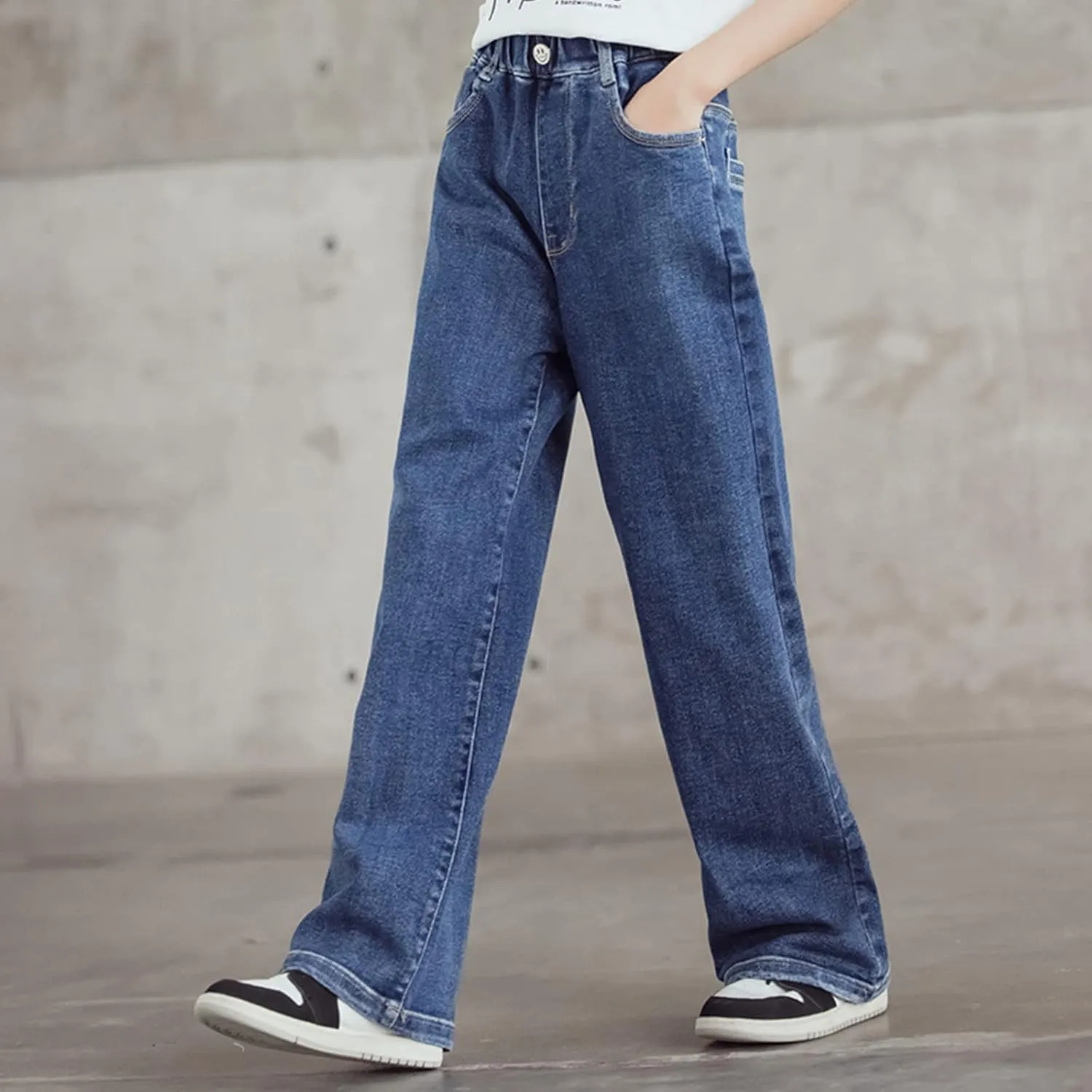 birbyrrly Girls Wide Leg Jeans Kids Baggy Elastic Waist Casual Denim Pants with Pockets
