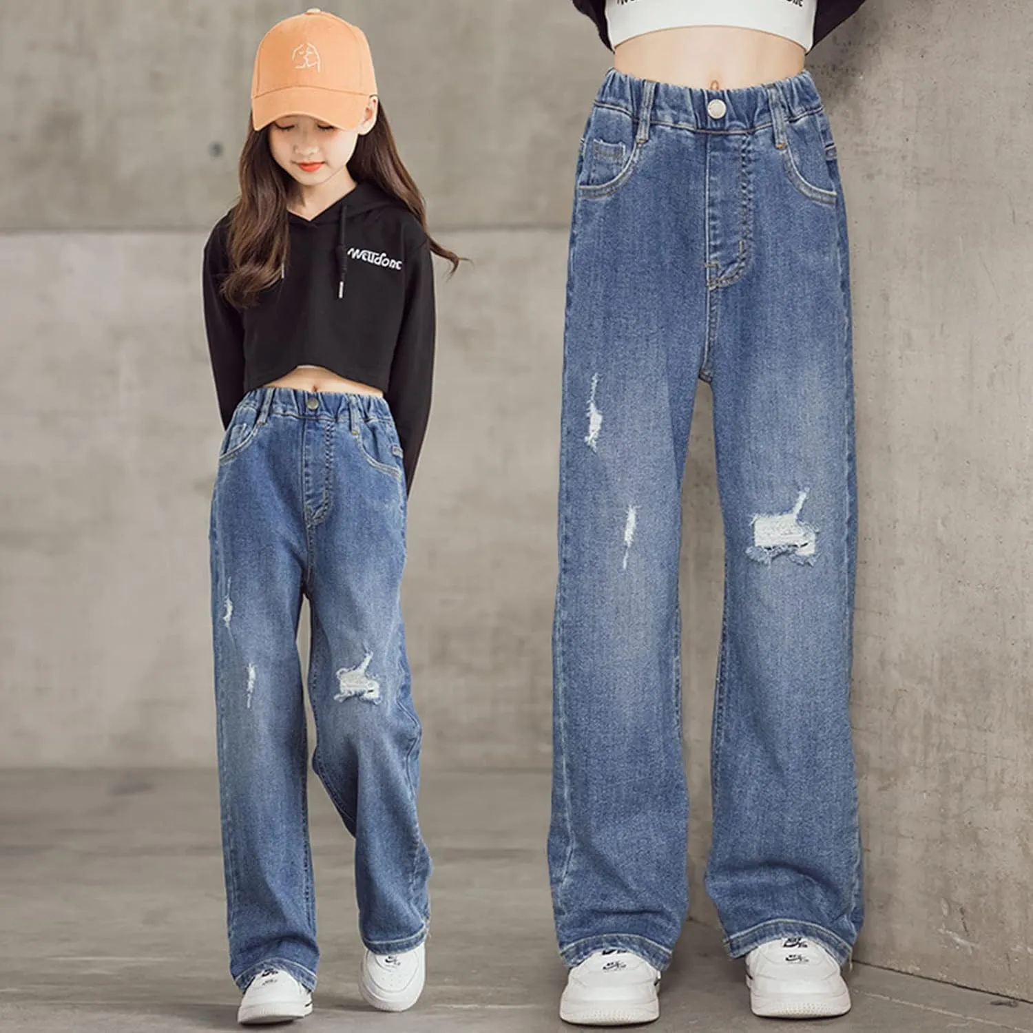birbyrrly Girls Wide Leg Jeans Kids Baggy Elastic Waist Casual Denim Pants with Pockets