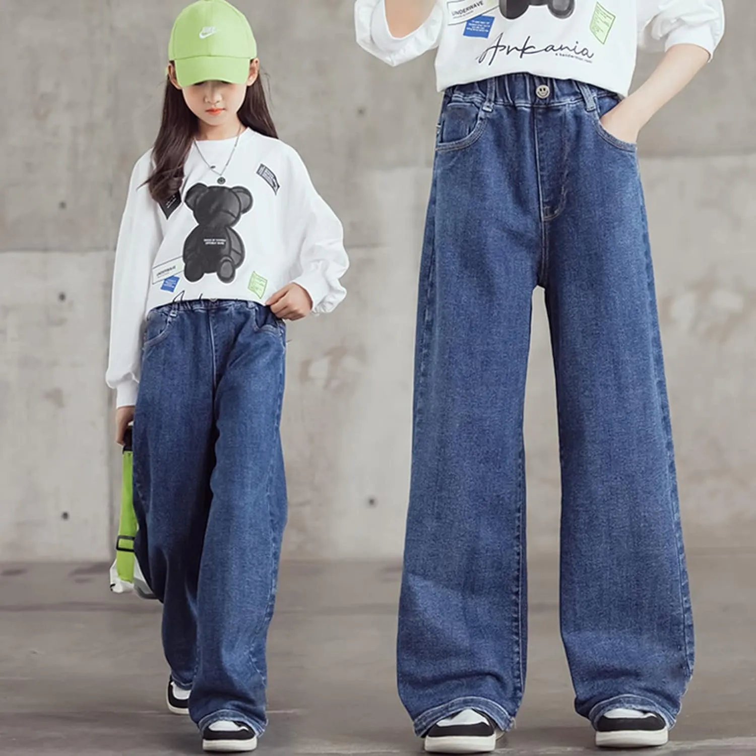 birbyrrly Girls Wide Leg Jeans Kids Baggy Elastic Waist Casual Denim Pants with Pockets