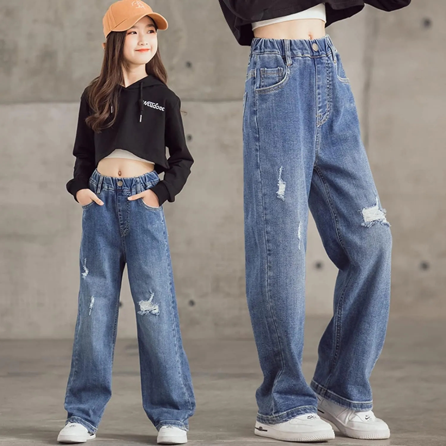 birbyrrly Girls Wide Leg Jeans Kids Baggy Elastic Waist Casual Denim Pants with Pockets