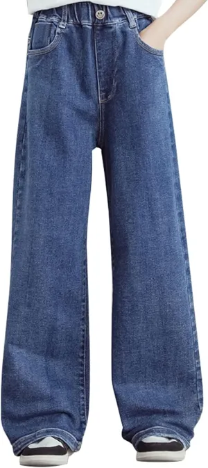 birbyrrly Girls Wide Leg Jeans Kids Baggy Elastic Waist Casual Denim Pants with Pockets