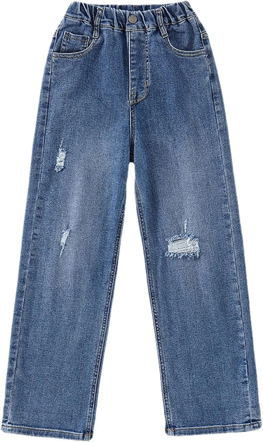birbyrrly Girls Wide Leg Jeans Kids Baggy Elastic Waist Casual Denim Pants with Pockets