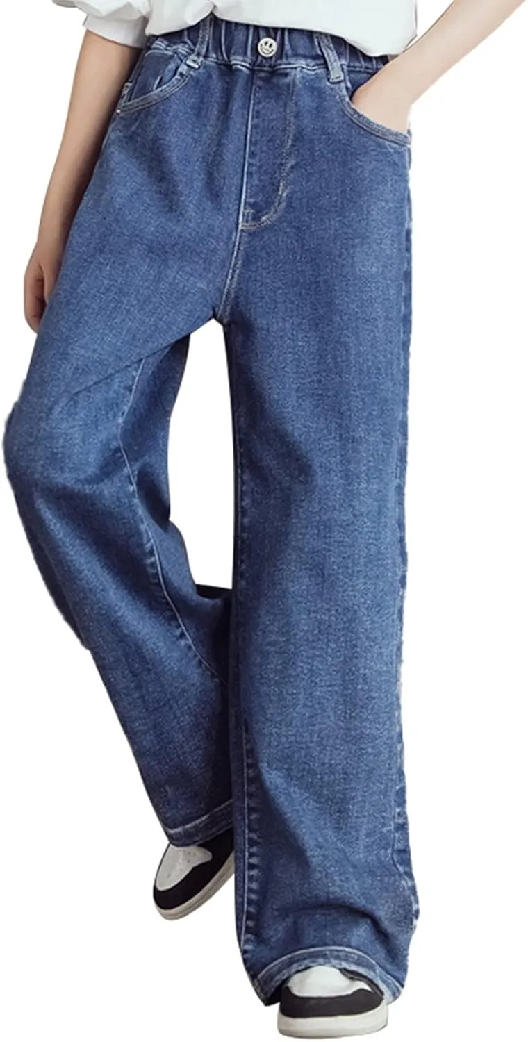birbyrrly Girls Wide Leg Jeans Kids Baggy Elastic Waist Casual Denim Pants with Pockets