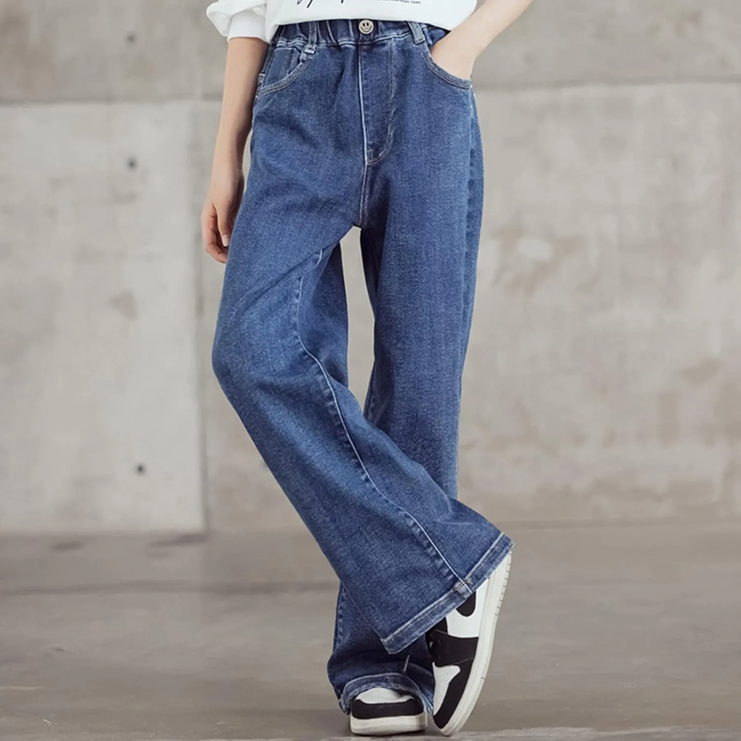 birbyrrly Girls Wide Leg Jeans Kids Baggy Elastic Waist Casual Denim Pants with Pockets
