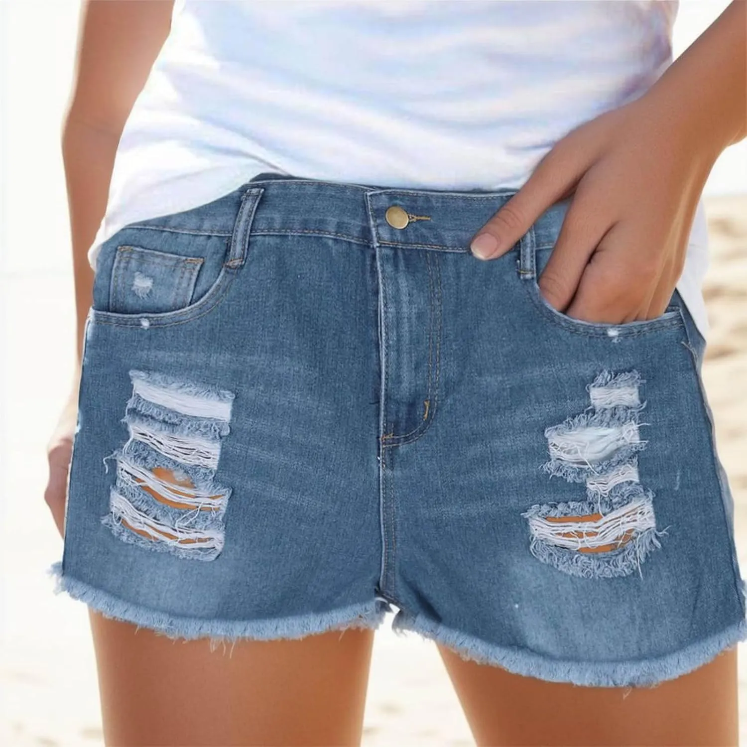 Blue Jeans Shorts For Women Stretchy Frayed Raw Hem High Waisted Denim Shorts Summer Distressed Ripped Short Jeans