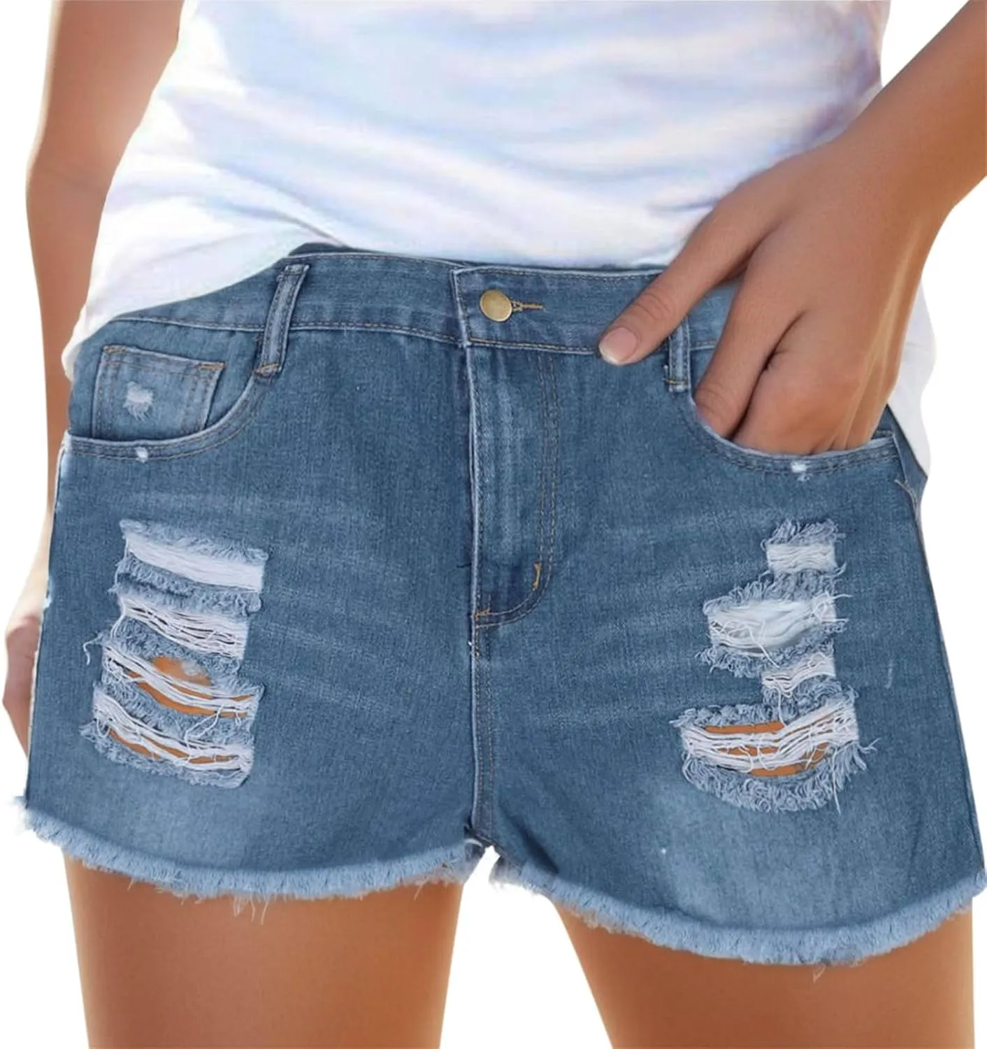 Blue Jeans Shorts For Women Stretchy Frayed Raw Hem High Waisted Denim Shorts Summer Distressed Ripped Short Jeans