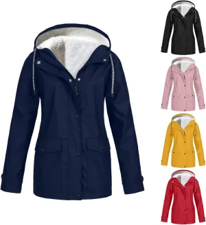 BOXIACEY Womens Waterproof Rain Jacket Fleece Lined Rain Coats Lightweight Rain Jacket Hooded Windbreaker Jackets