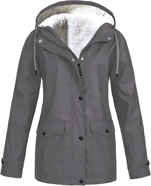BOXIACEY Womens Waterproof Rain Jacket Fleece Lined Rain Coats Lightweight Rain Jacket Hooded Windbreaker Jackets