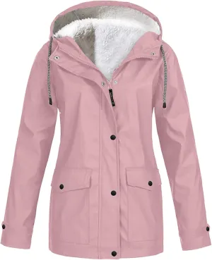 BOXIACEY Womens Waterproof Rain Jacket Fleece Lined Rain Coats Lightweight Rain Jacket Hooded Windbreaker Jackets