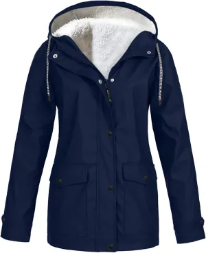 BOXIACEY Womens Waterproof Rain Jacket Fleece Lined Rain Coats Lightweight Rain Jacket Hooded Windbreaker Jackets