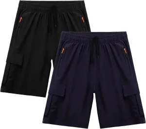 Boys Athletic Cargo Shorts Kids Lightweight Quick-Dry Outdoor Sports Running Hiking Shorts with Zipper Pockets
