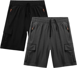 Boys Athletic Cargo Shorts Kids Lightweight Quick-Dry Outdoor Sports Running Hiking Shorts with Zipper Pockets