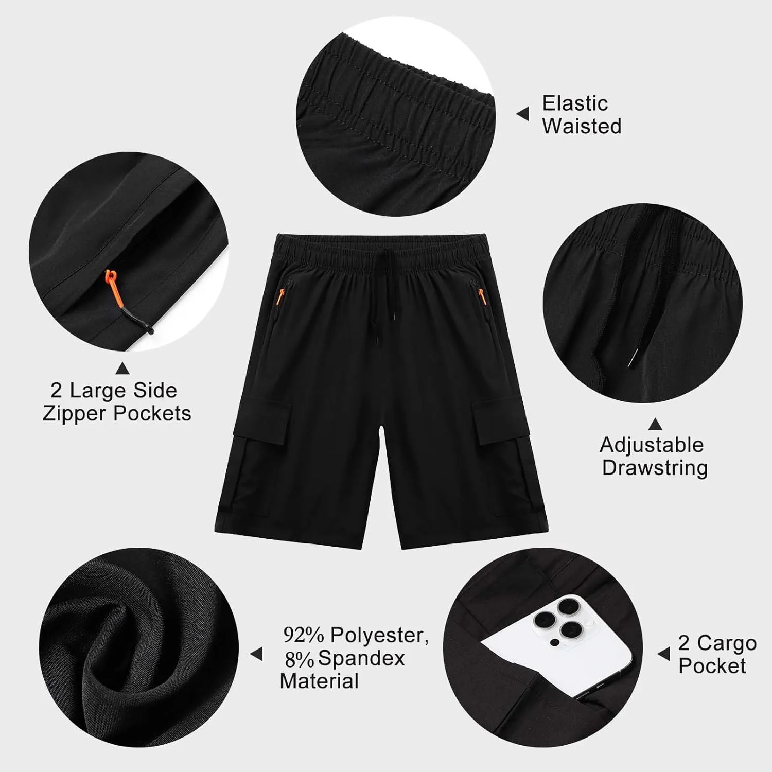 Boys Athletic Cargo Shorts Kids Lightweight Quick-Dry Outdoor Sports Running Hiking Shorts with Zipper Pockets