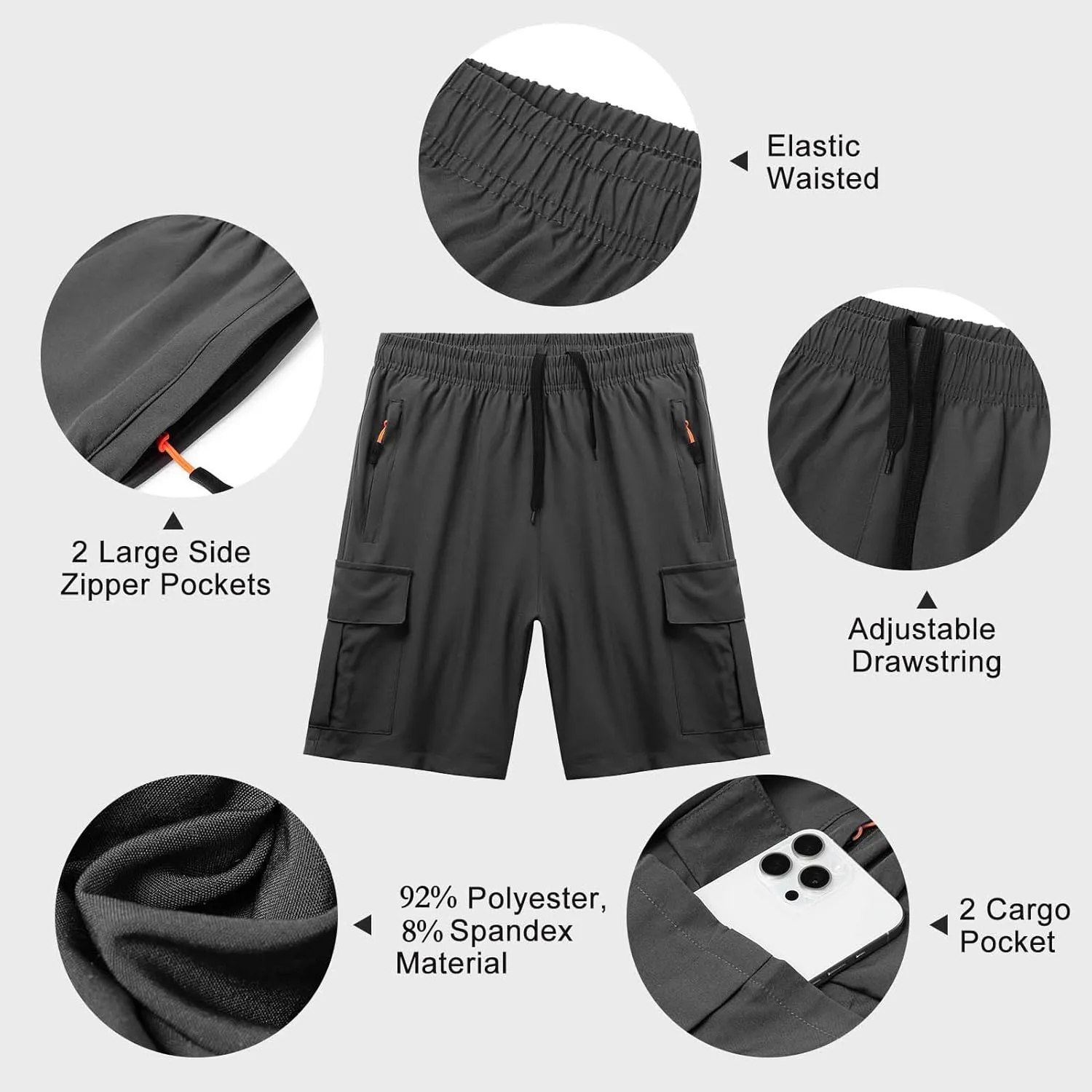 Boys Athletic Cargo Shorts Kids Lightweight Quick-Dry Outdoor Sports Running Hiking Shorts with Zipper Pockets