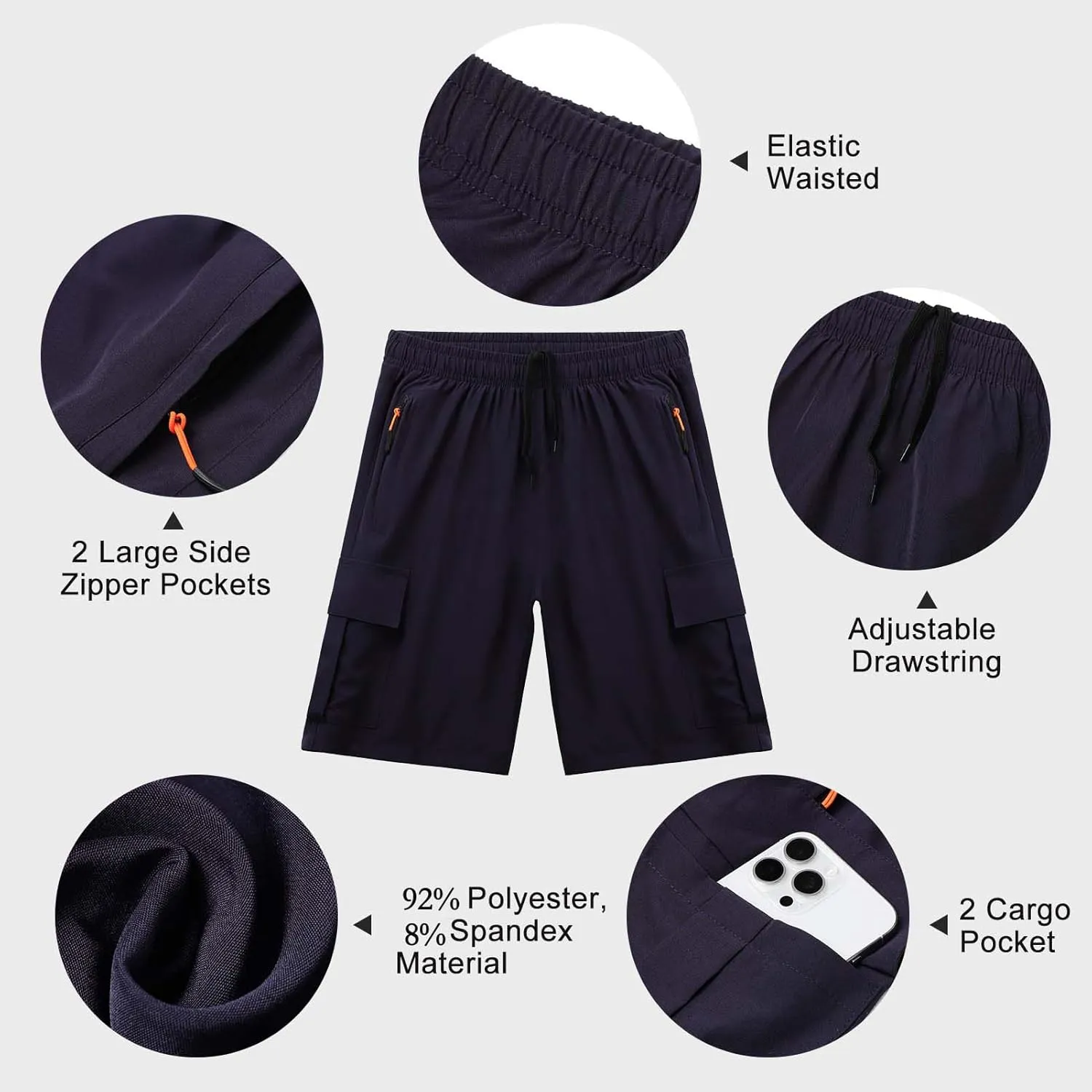 Boys Athletic Cargo Shorts Kids Lightweight Quick-Dry Outdoor Sports Running Hiking Shorts with Zipper Pockets