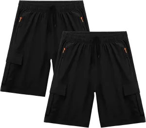 Boys Athletic Cargo Shorts Kids Lightweight Quick-Dry Outdoor Sports Running Hiking Shorts with Zipper Pockets