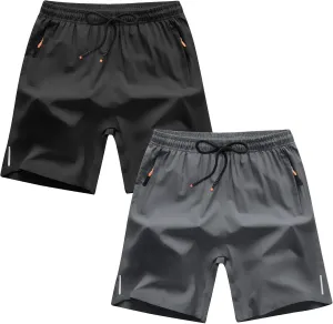 Boys Athletic Shorts Quick Dry Lightweight Running Sport Shorts with Zipper Pockets (Pack of 2), B/Black&Grey, 11-12T