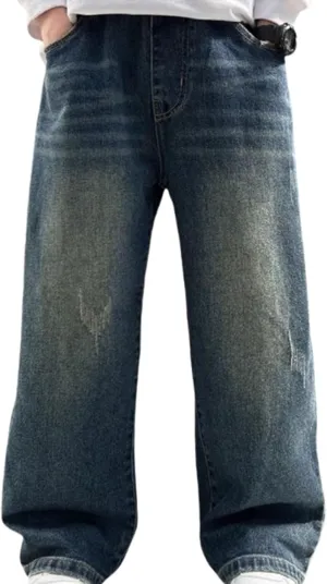 Boys Baggy Jeans for Kids Teen Casual Straight Wide Leg Cargo Jeans Y2K Loose Elastic Waist Denim Pants Trousers with Pockets