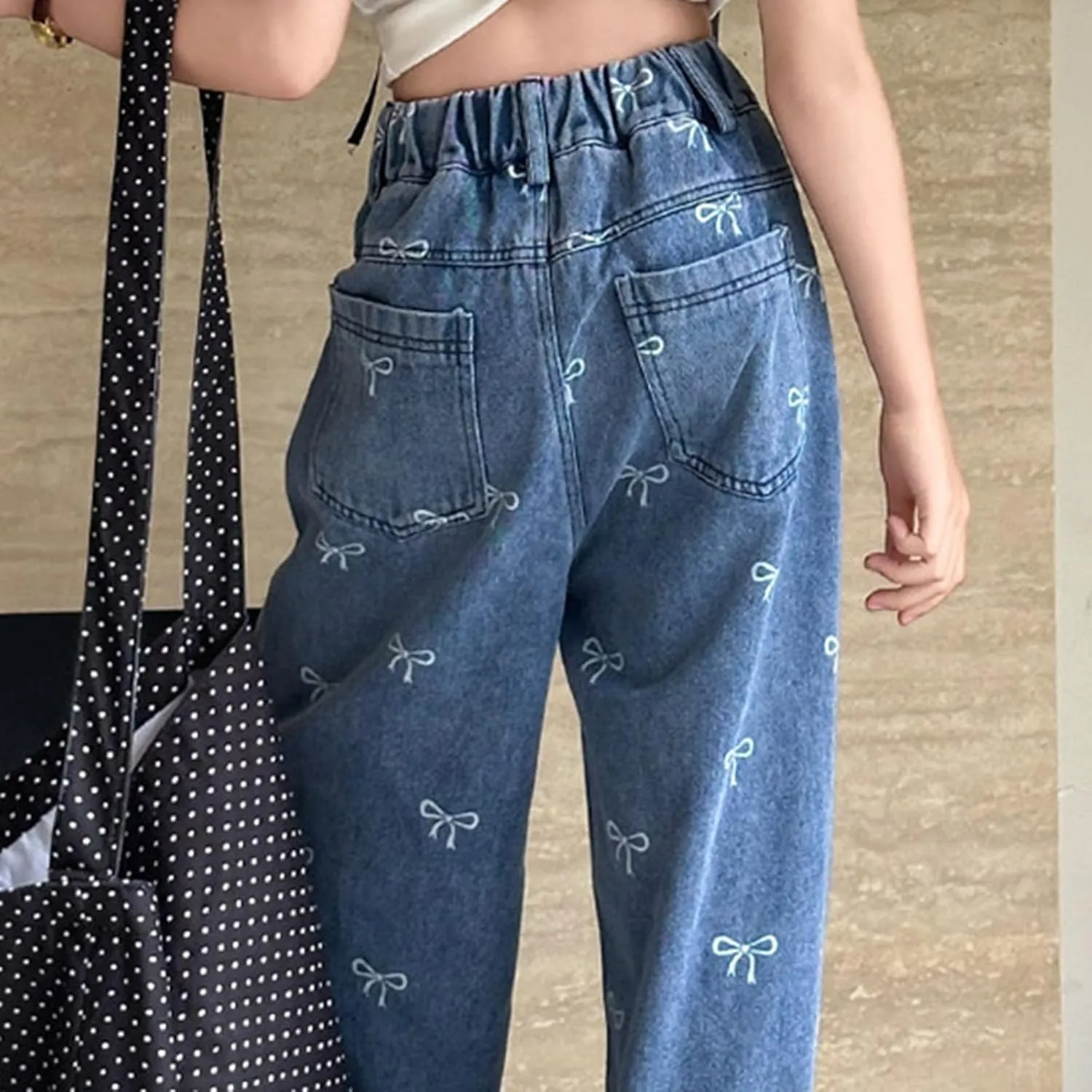 Boys Baggy Jeans for Kids Teen Casual Straight Wide Leg Cargo Jeans Y2K Loose Elastic Waist Denim Pants Trousers with Pockets