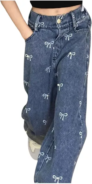 Boys Baggy Jeans for Kids Teen Casual Straight Wide Leg Cargo Jeans Y2K Loose Elastic Waist Denim Pants Trousers with Pockets