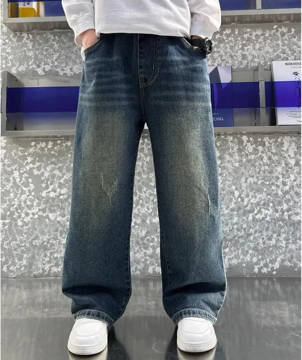 Boys Baggy Jeans for Kids Teen Casual Straight Wide Leg Cargo Jeans Y2K Loose Elastic Waist Denim Pants Trousers with Pockets