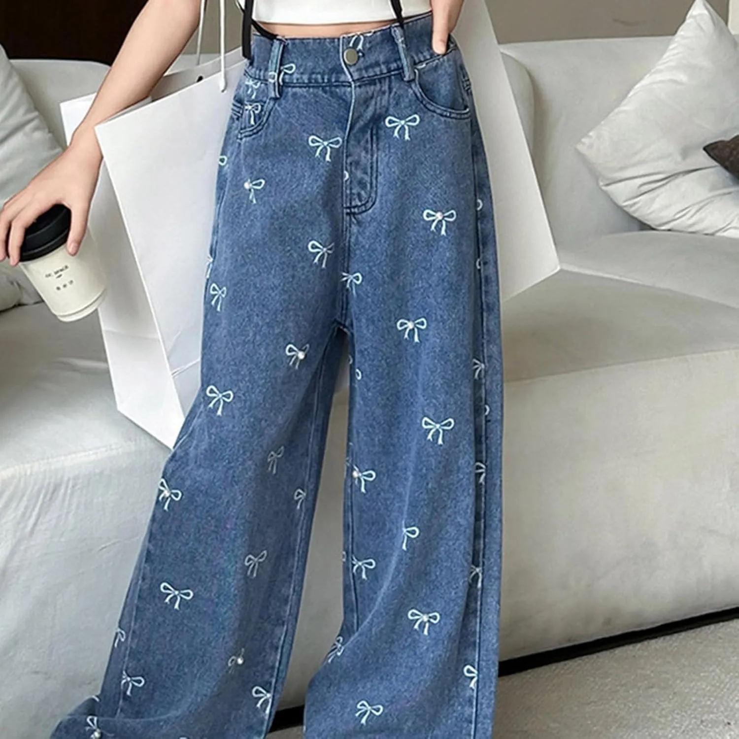 Boys Baggy Jeans for Kids Teen Casual Straight Wide Leg Cargo Jeans Y2K Loose Elastic Waist Denim Pants Trousers with Pockets