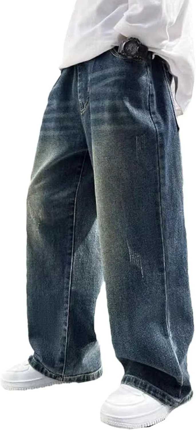 Boys Baggy Jeans for Kids Teen Casual Straight Wide Leg Cargo Jeans Y2K Loose Elastic Waist Denim Pants Trousers with Pockets