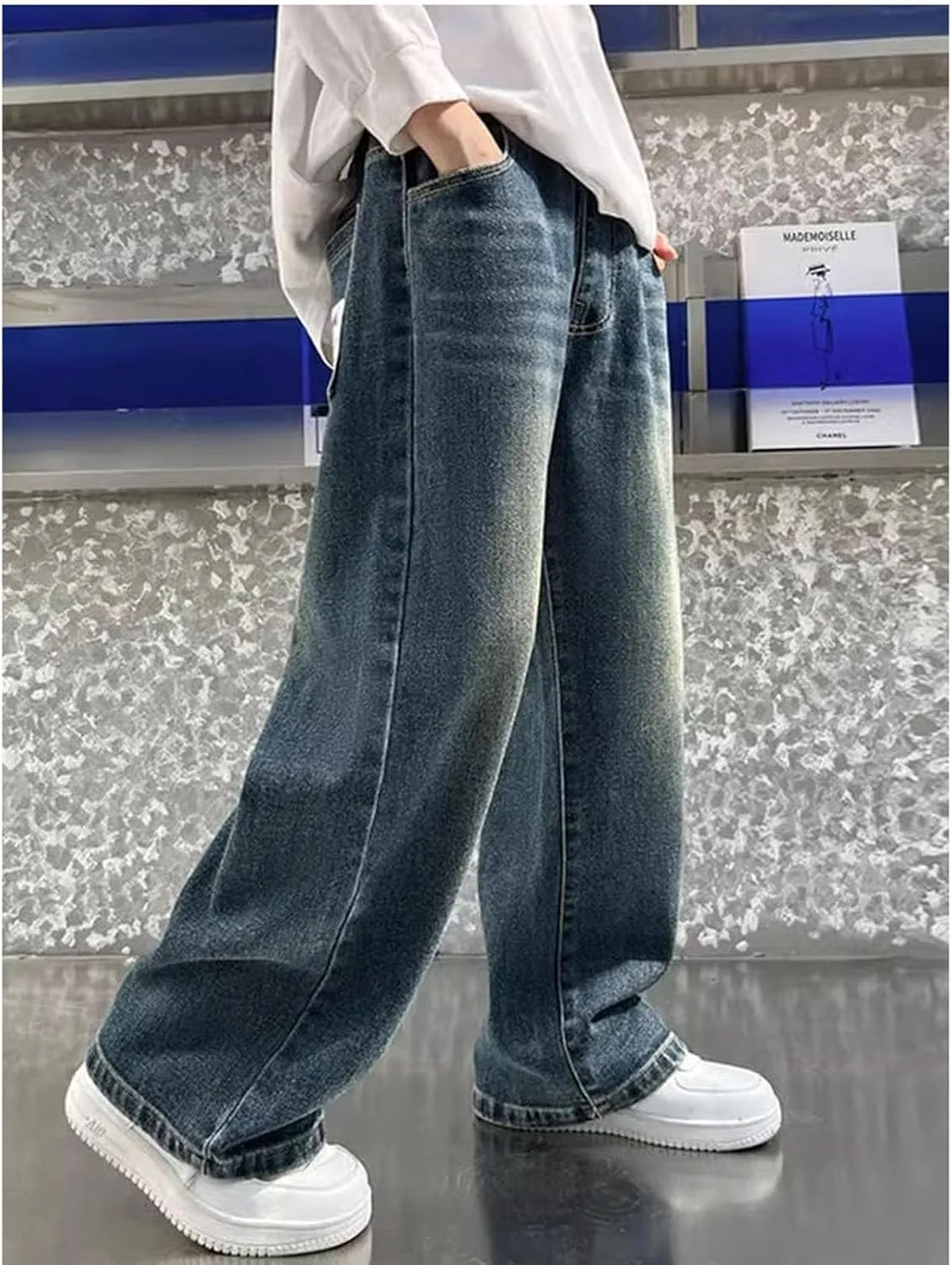 Boys Baggy Jeans for Kids Teen Casual Straight Wide Leg Cargo Jeans Y2K Loose Elastic Waist Denim Pants Trousers with Pockets