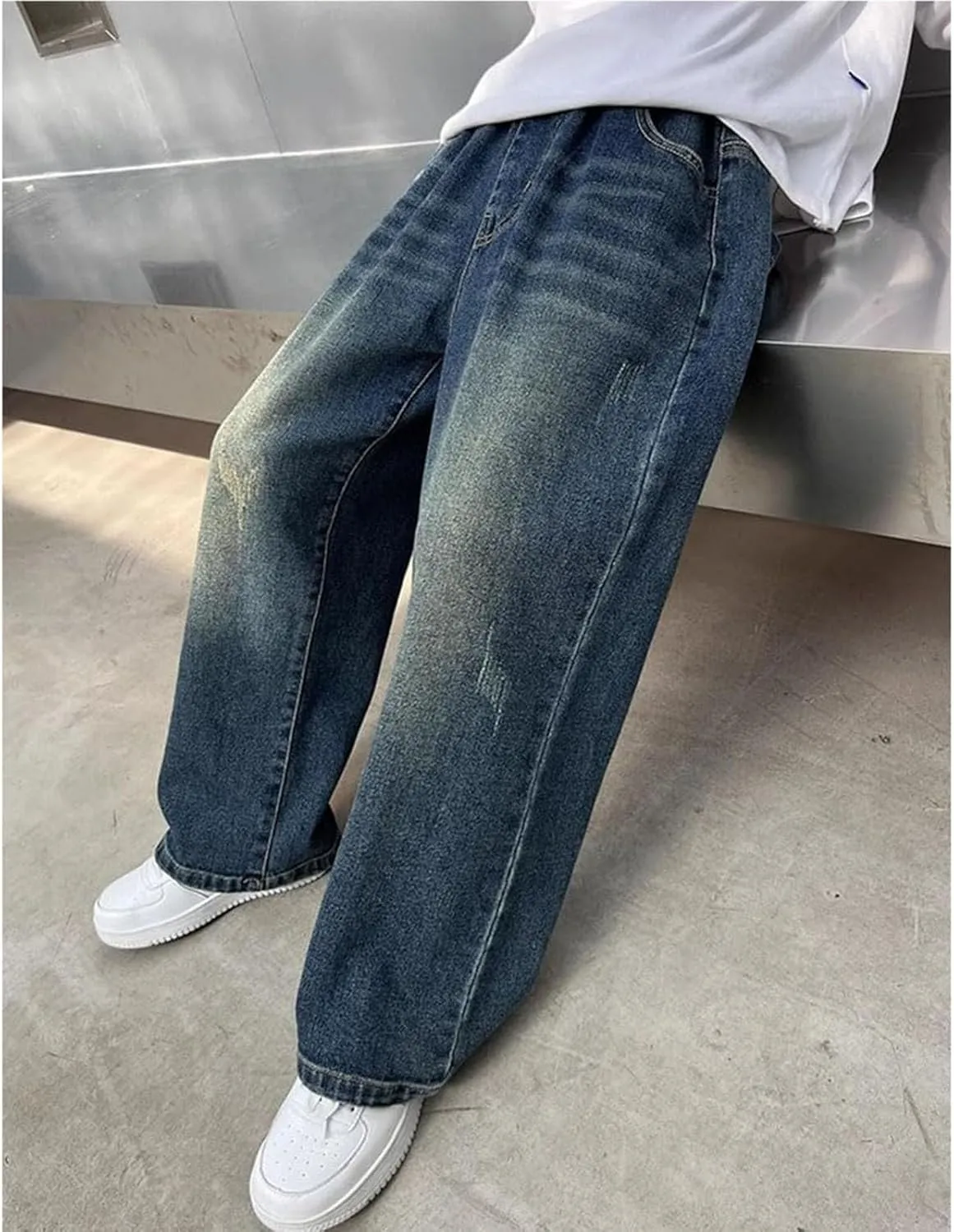 Boys Baggy Jeans for Kids Teen Casual Straight Wide Leg Cargo Jeans Y2K Loose Elastic Waist Denim Pants Trousers with Pockets