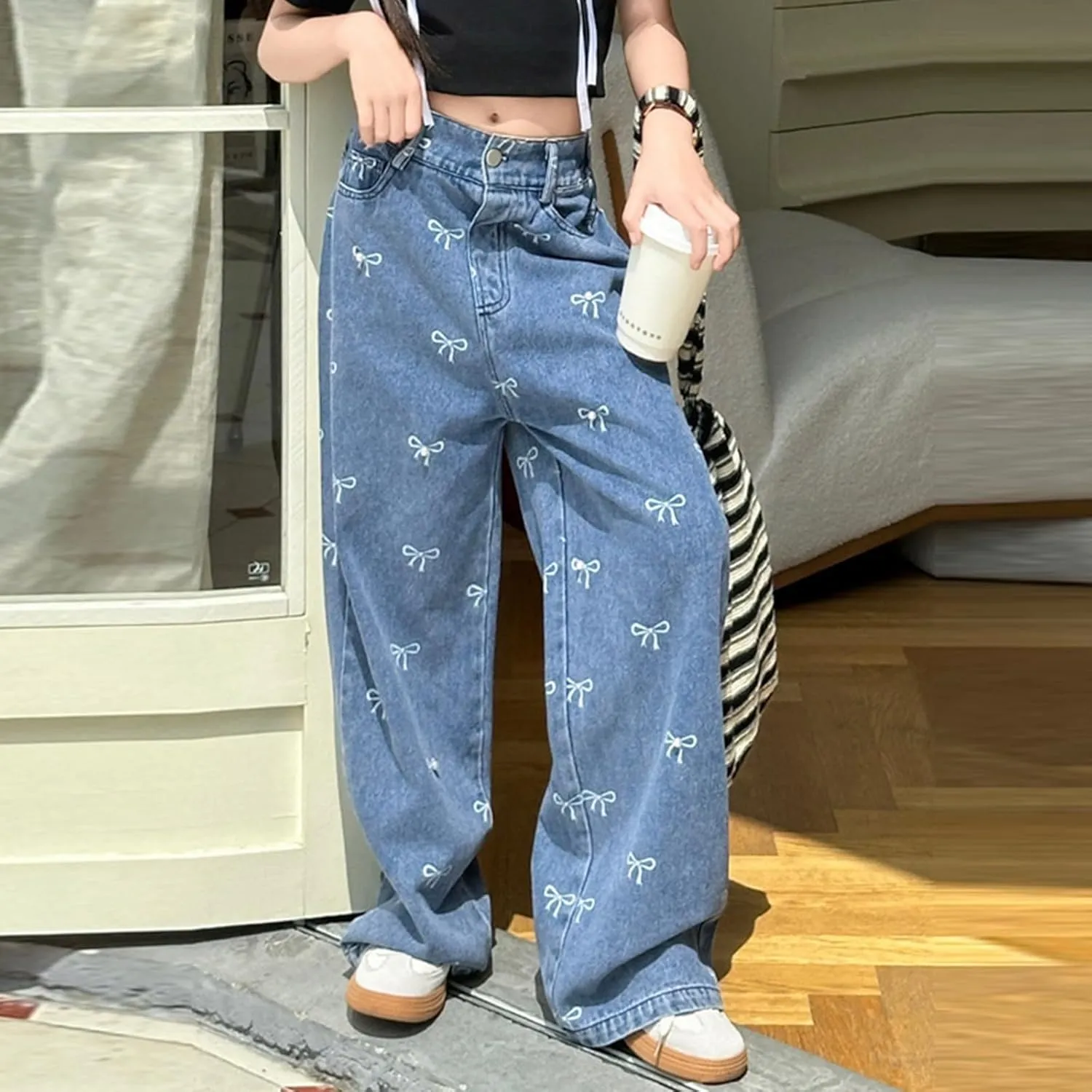 Boys Baggy Jeans for Kids Teen Casual Straight Wide Leg Cargo Jeans Y2K Loose Elastic Waist Denim Pants Trousers with Pockets