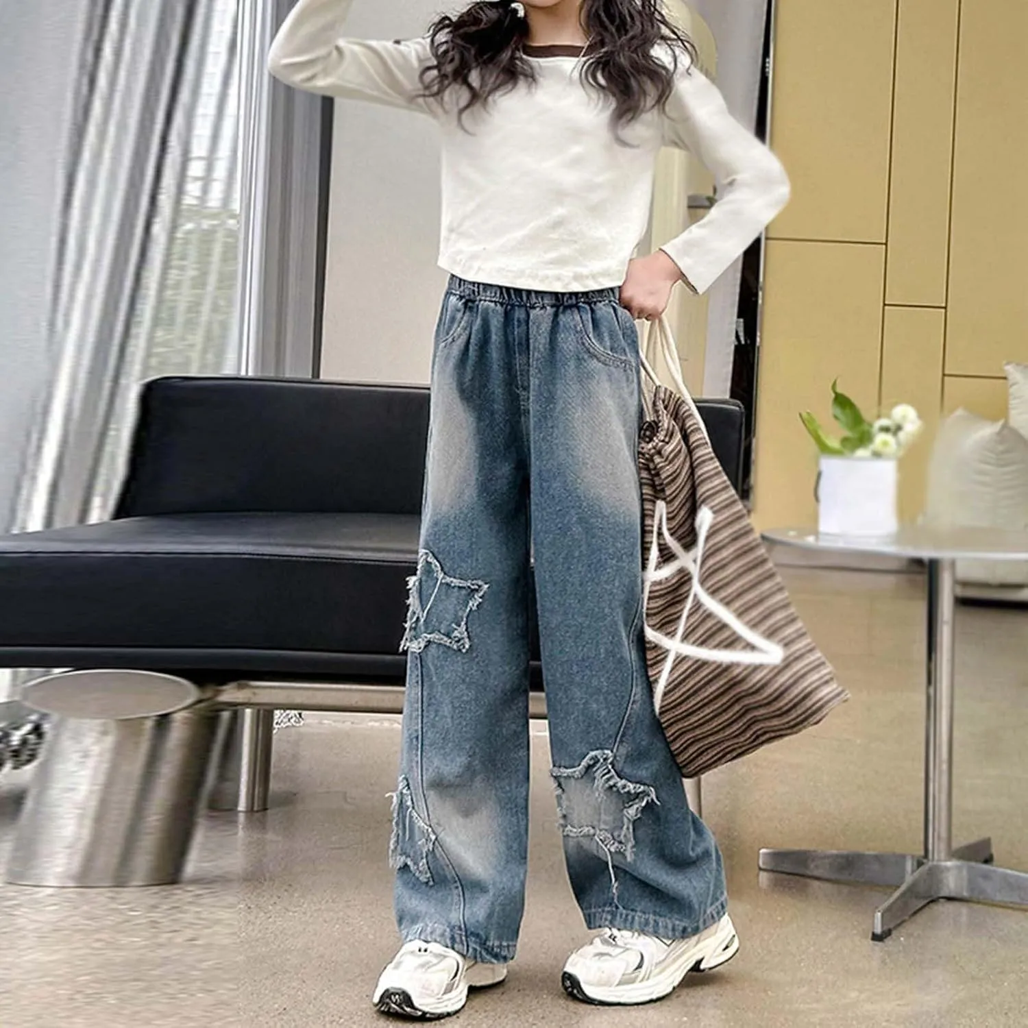 Boys Baggy Jeans for Kids Teen Casual Straight Wide Leg Cargo Jeans Y2K Loose Elastic Waist Denim Pants with Pockets